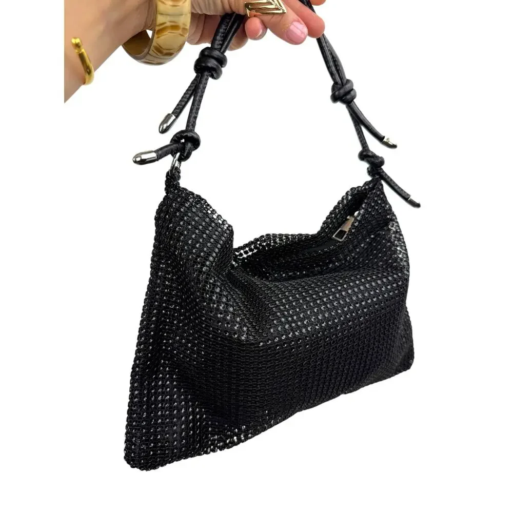 Vintage black mesh sequins disco bag with adjustable leather strap